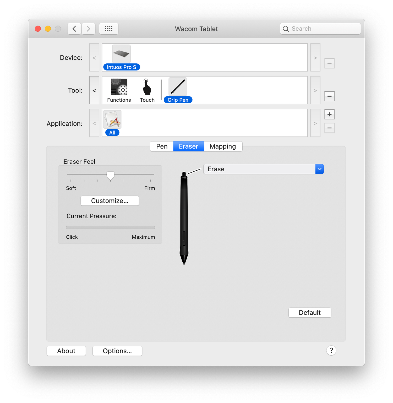 A settings window showing Wacom tablet configuration options with pen pressure and mapping controls.