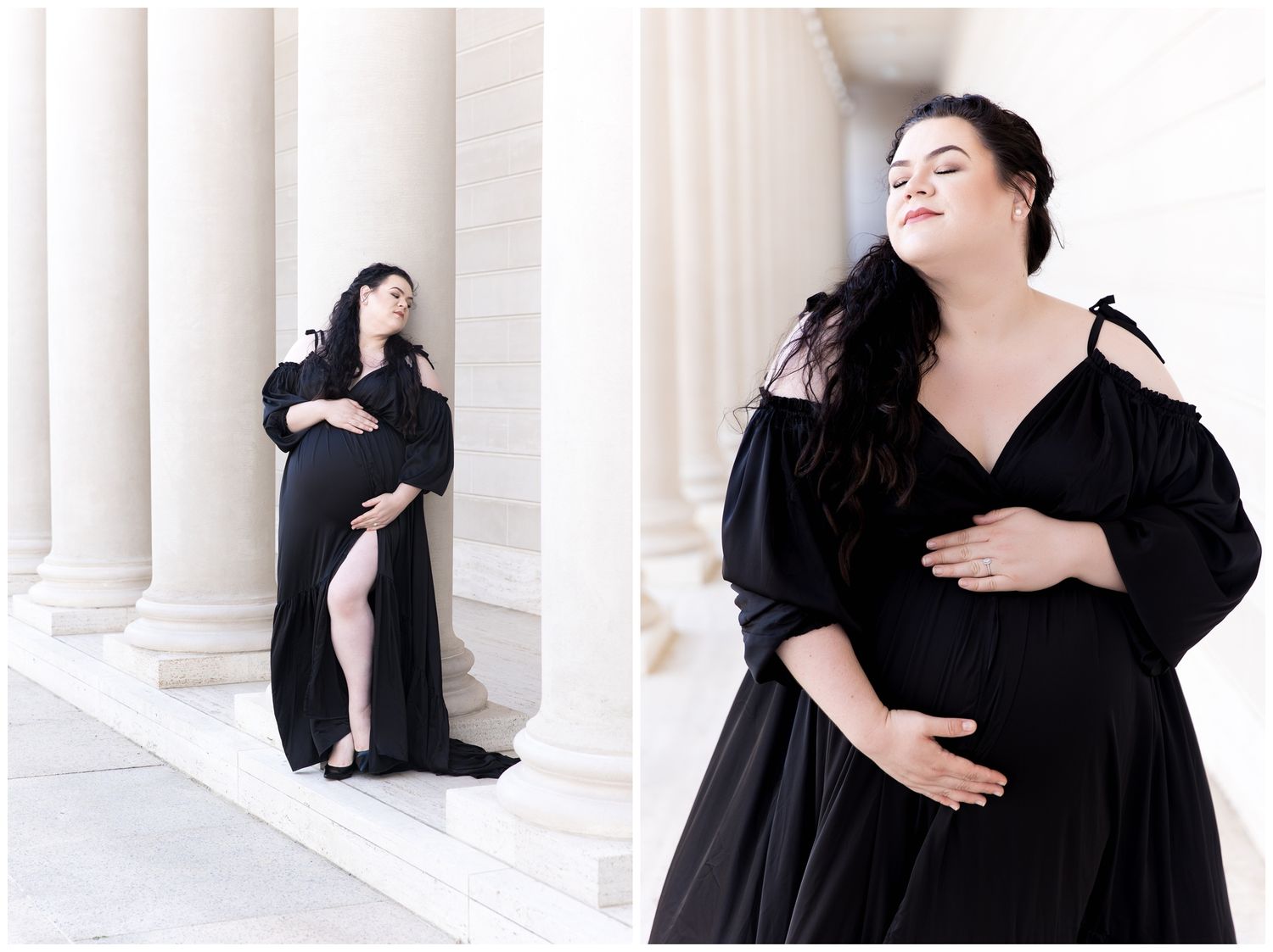 A series of black and white fashion portraits showing a person in a flowing black dress posing against white columns.