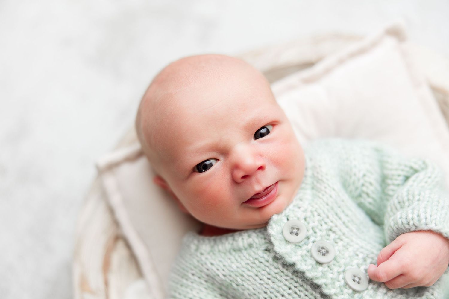 Newborn in mint green cardigan resting on white backdrop.