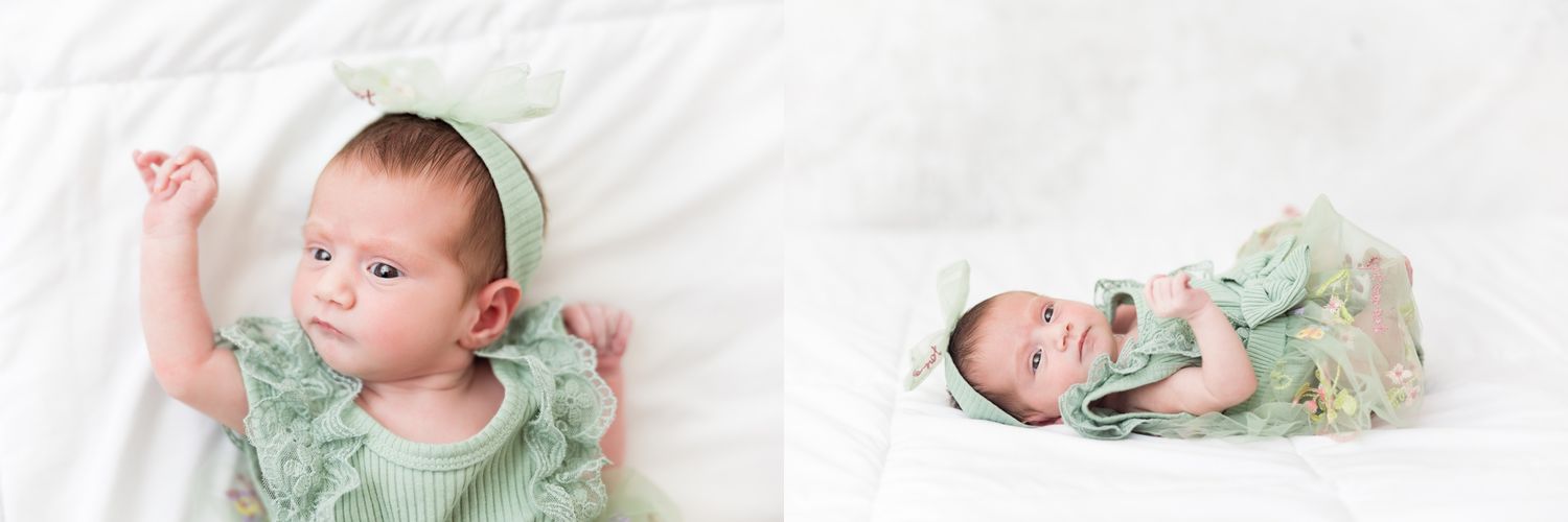 Baby wearing mint green onesie lying on white blanket in multiple poses showing growth progression.