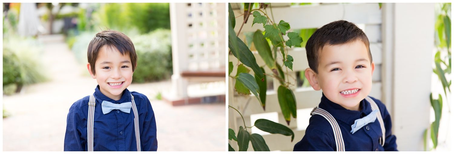 A series of outdoor portrait photos showing a young boy in blue clothing posing and smiling in natural settings.