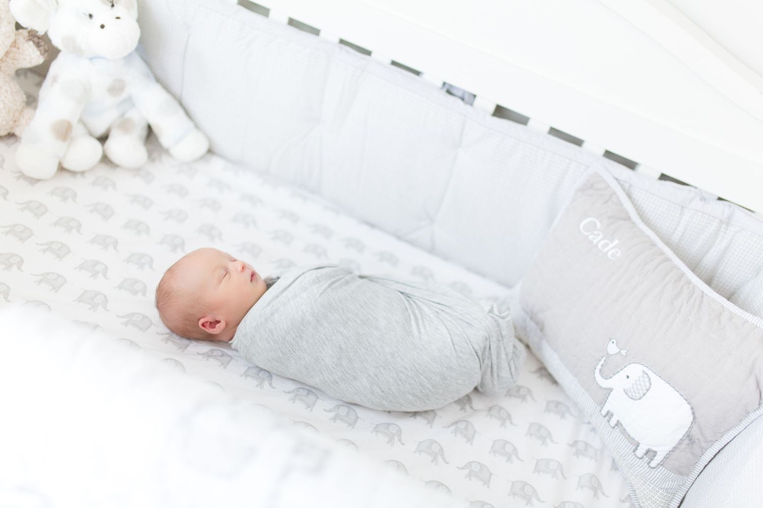 Baby nursery featuring white crib with gray elephant-patterned bedding and stuffed animals, lifestyle newborn session
