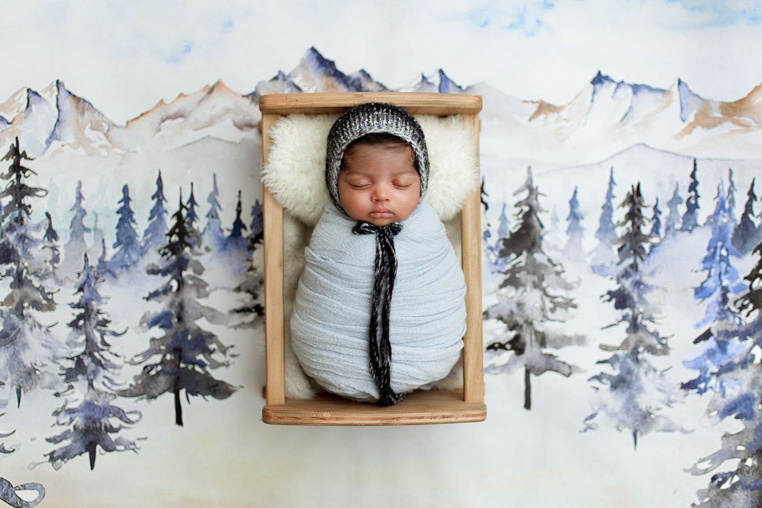 Swaddled sleeping newborn in wooden box against watercolor mountain and forest backdrop.