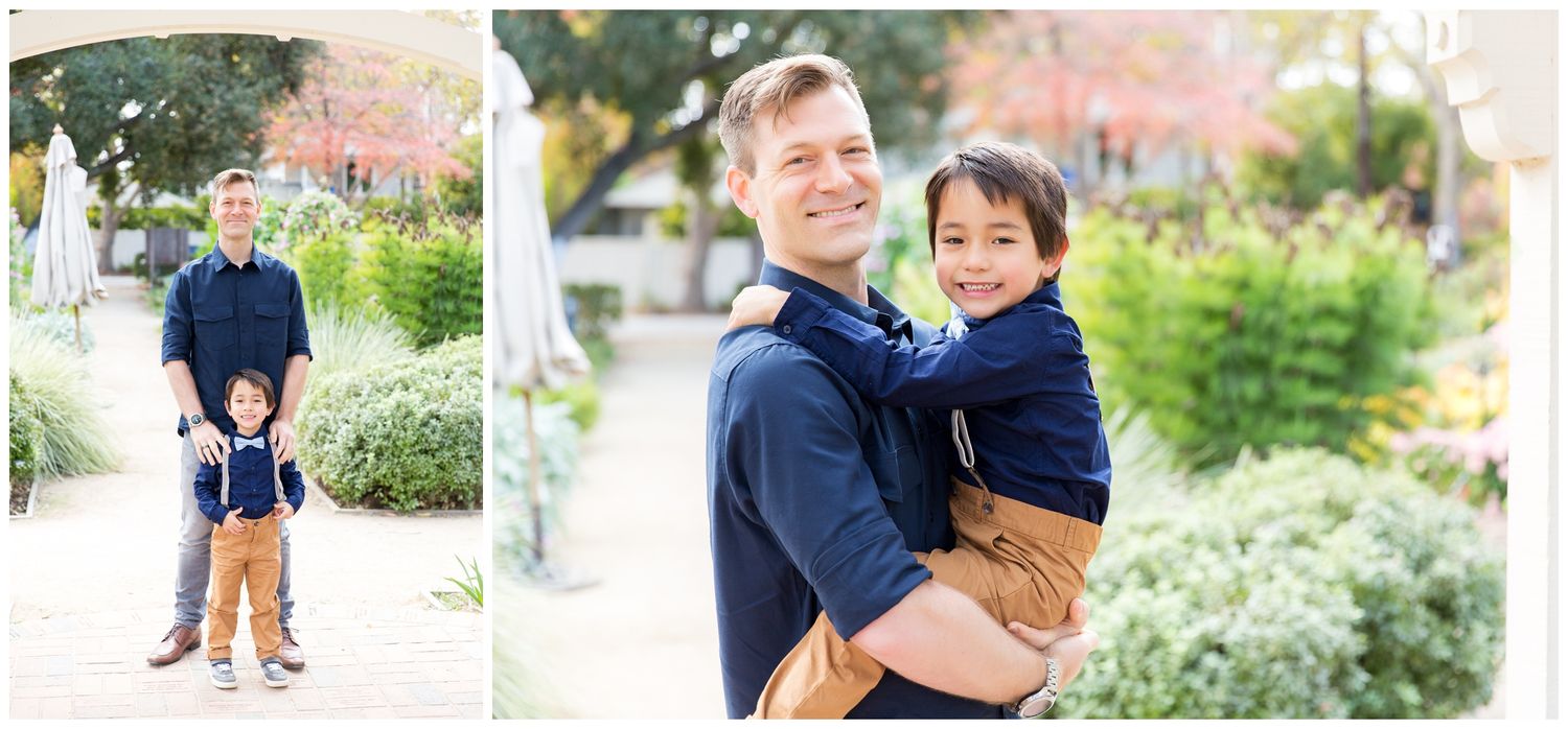 Two images showing a parent and child in matching navy hoodies standing in a blooming garden setting.