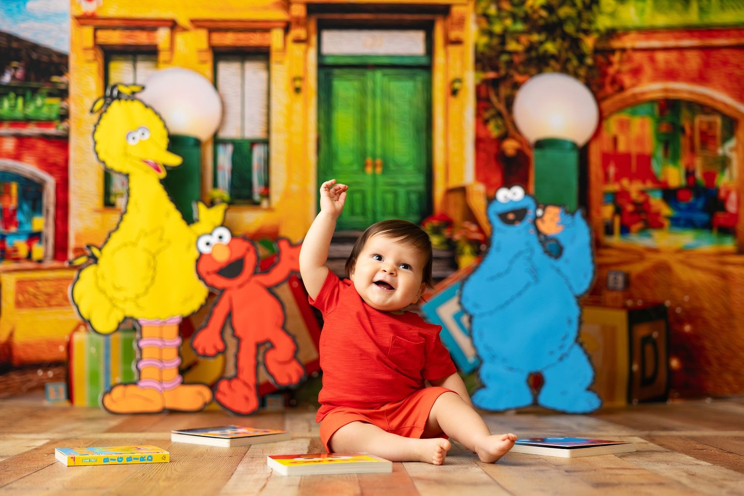 Sesame Street themed photoshoot with colorful character cutouts and bright backdrop.