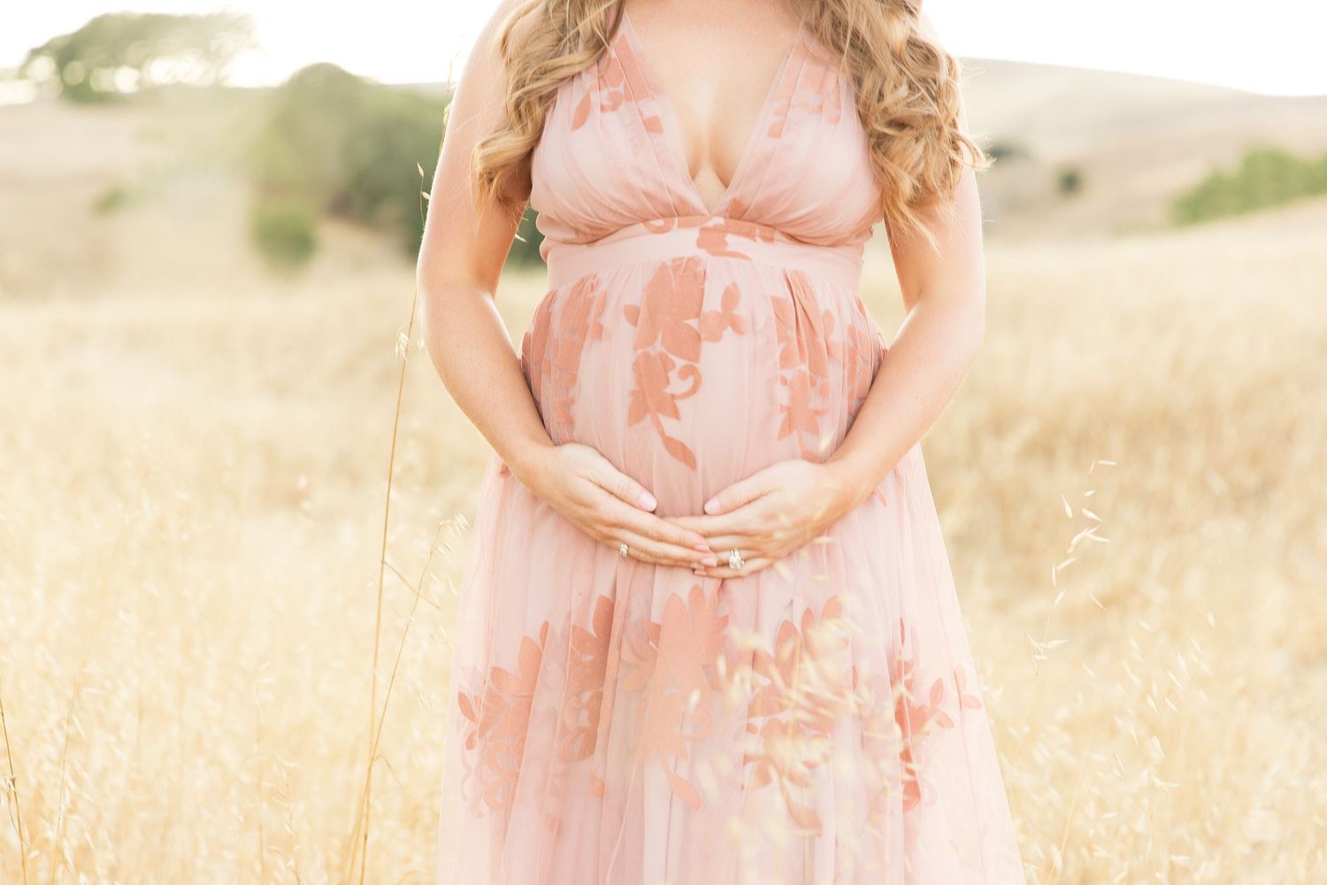 Maternity photoshoot in flowing pink dress against golden sunset field.