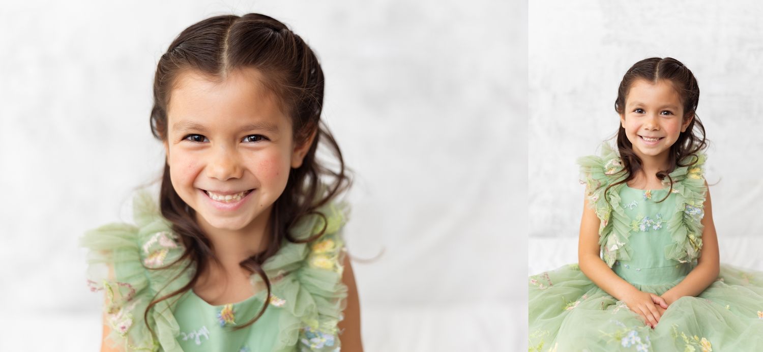 Two studio portraits of a young child wearing a mint green ruffled dress against a white background.