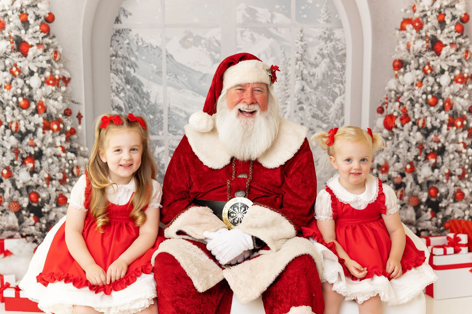 Seven festive holiday photos arranged in a collage strip showing Christmas themed scenes with red and white decor.
