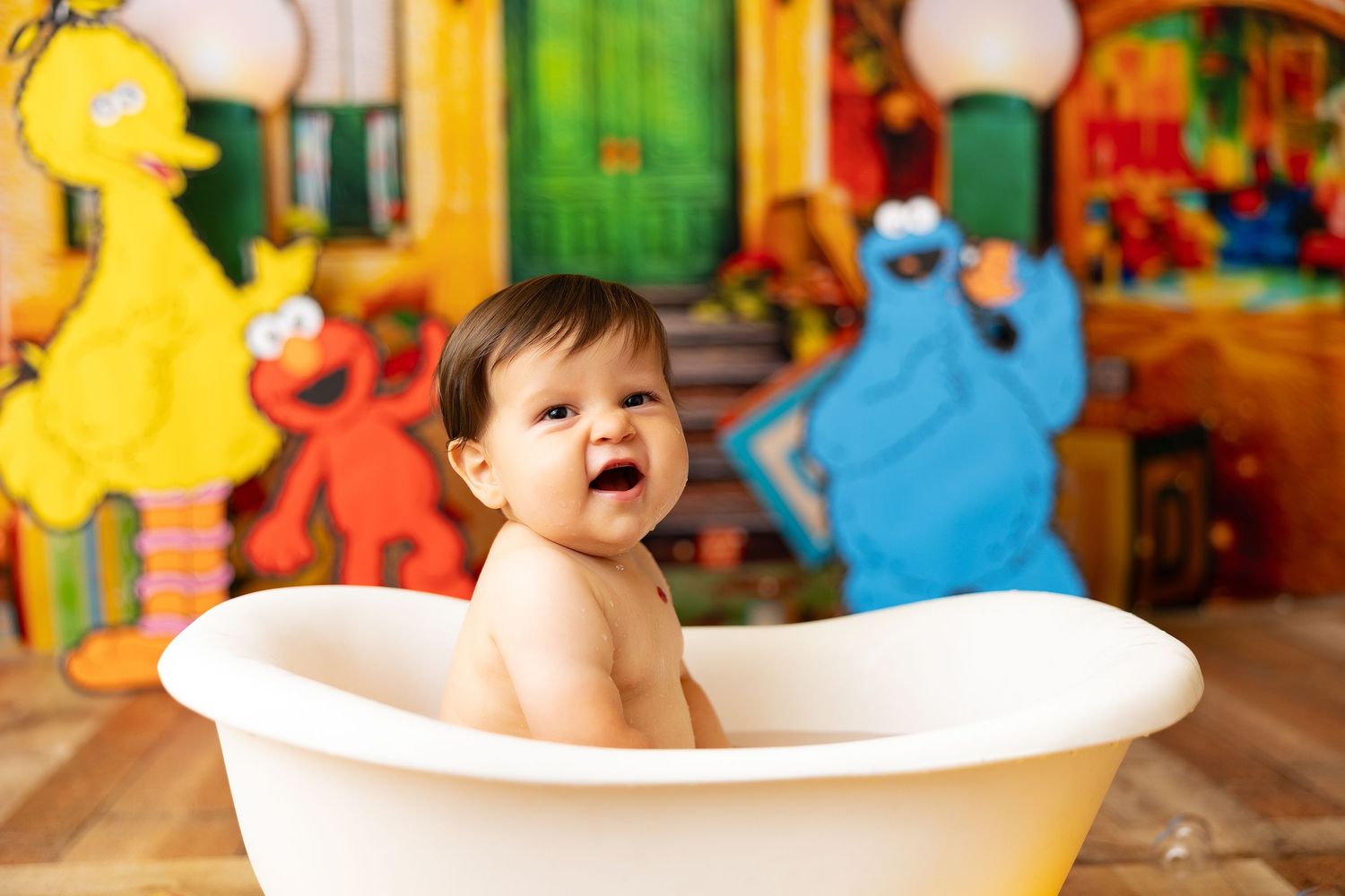 Bath time photoshoot with Sesame Street characters and white tub against colorful backdrop.