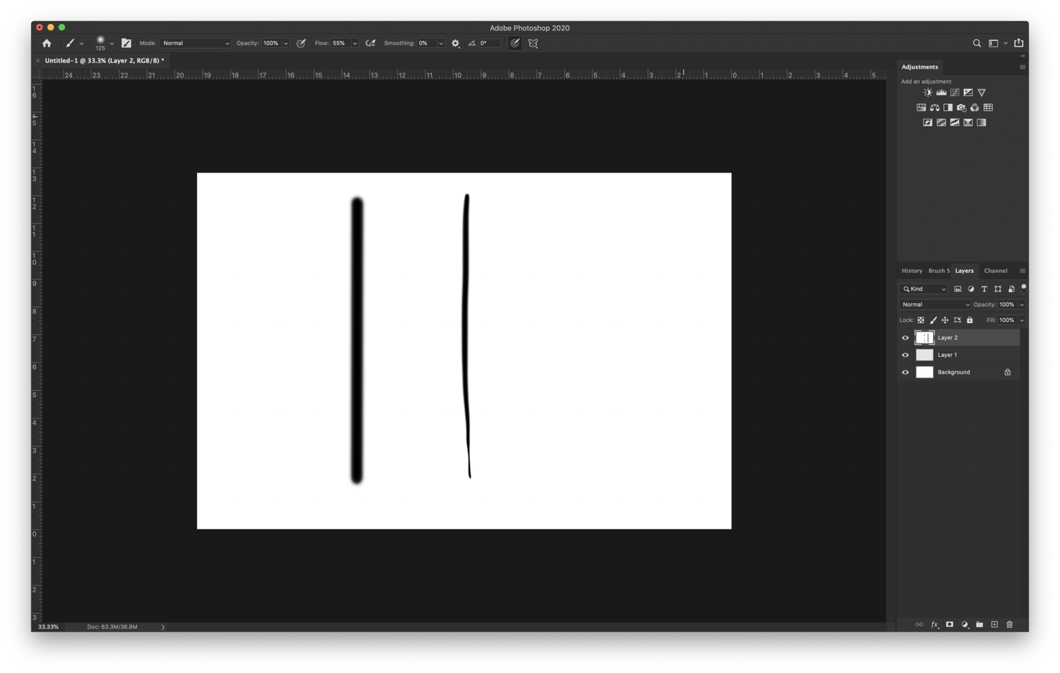 Adobe Photoshop interface showing multiple workspace panels and a blank white canvas in dark mode.
