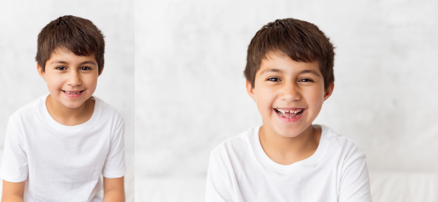 A sequence of five photos showing a young person in a white t-shirt making different cheerful expressions.
