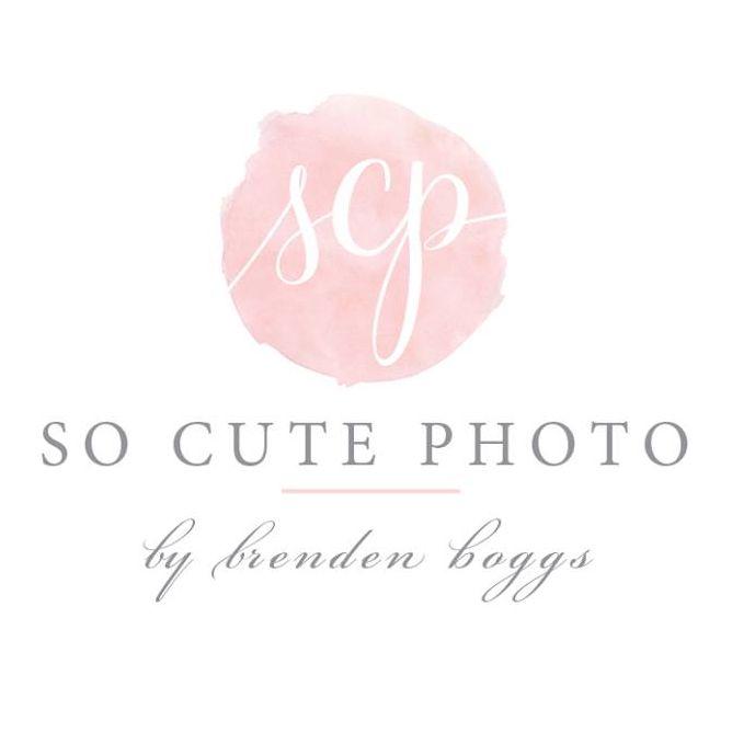 Photography logo design with blush pink watercolor circle and elegant scripted text for So Cute Photo brand.