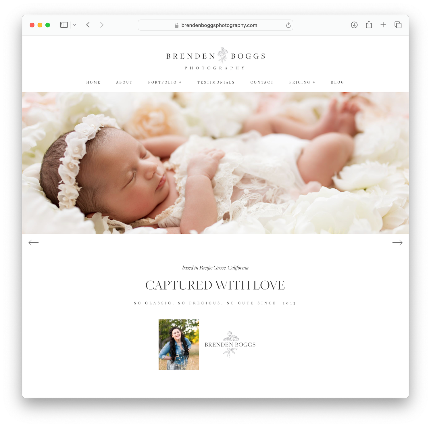 Professional photography website showcases newborn portraits with elegantly designed homepage and gallery layout.