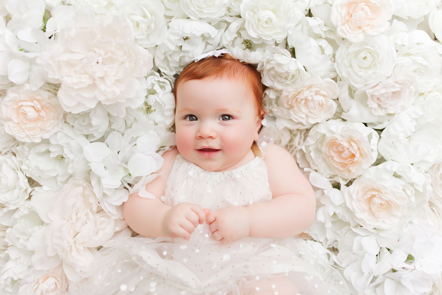 Baby portrait against backdrop of white and blush roses wearing delicate lace dress.