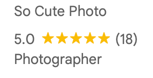A 5-star review rating display showing 'So Cute Photo' photographer with 18 perfect ratings.