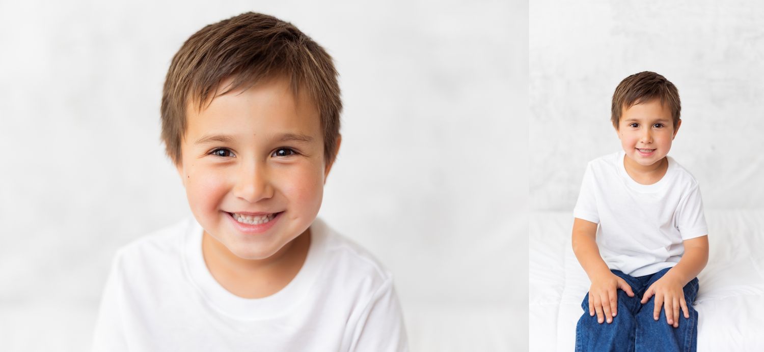 Child wearing white t-shirt poses for two studio portraits against light background.