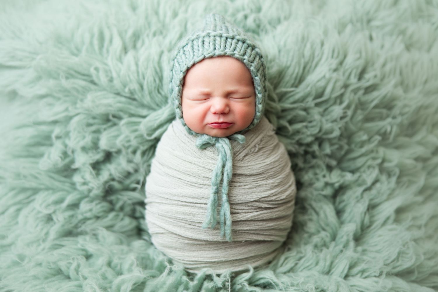 Sleeping newborn in knit hat lying on mint green fluffy rug.