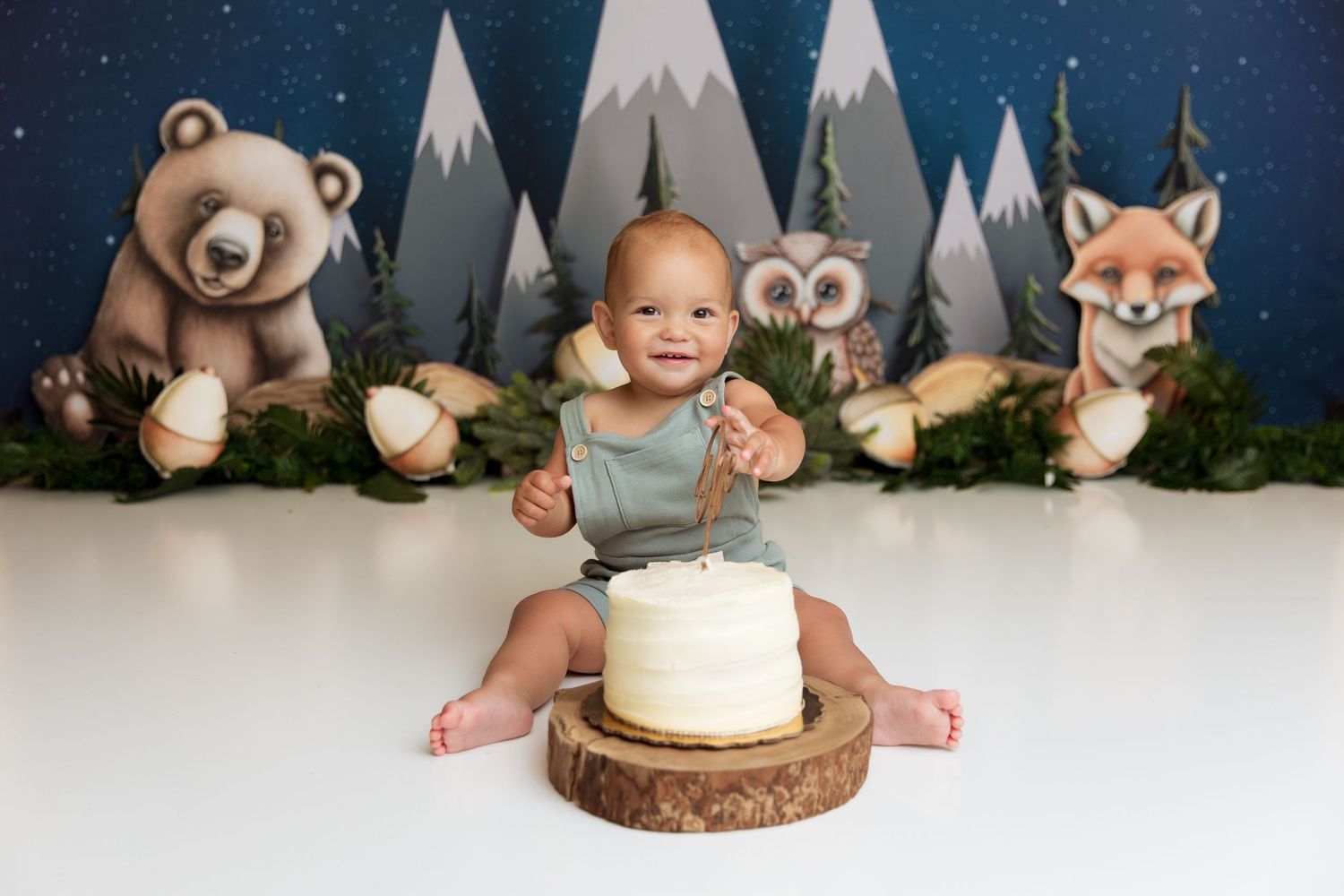 Cake smash photo with woodland animals and mountain backdrop featuring white cake on wood slice.