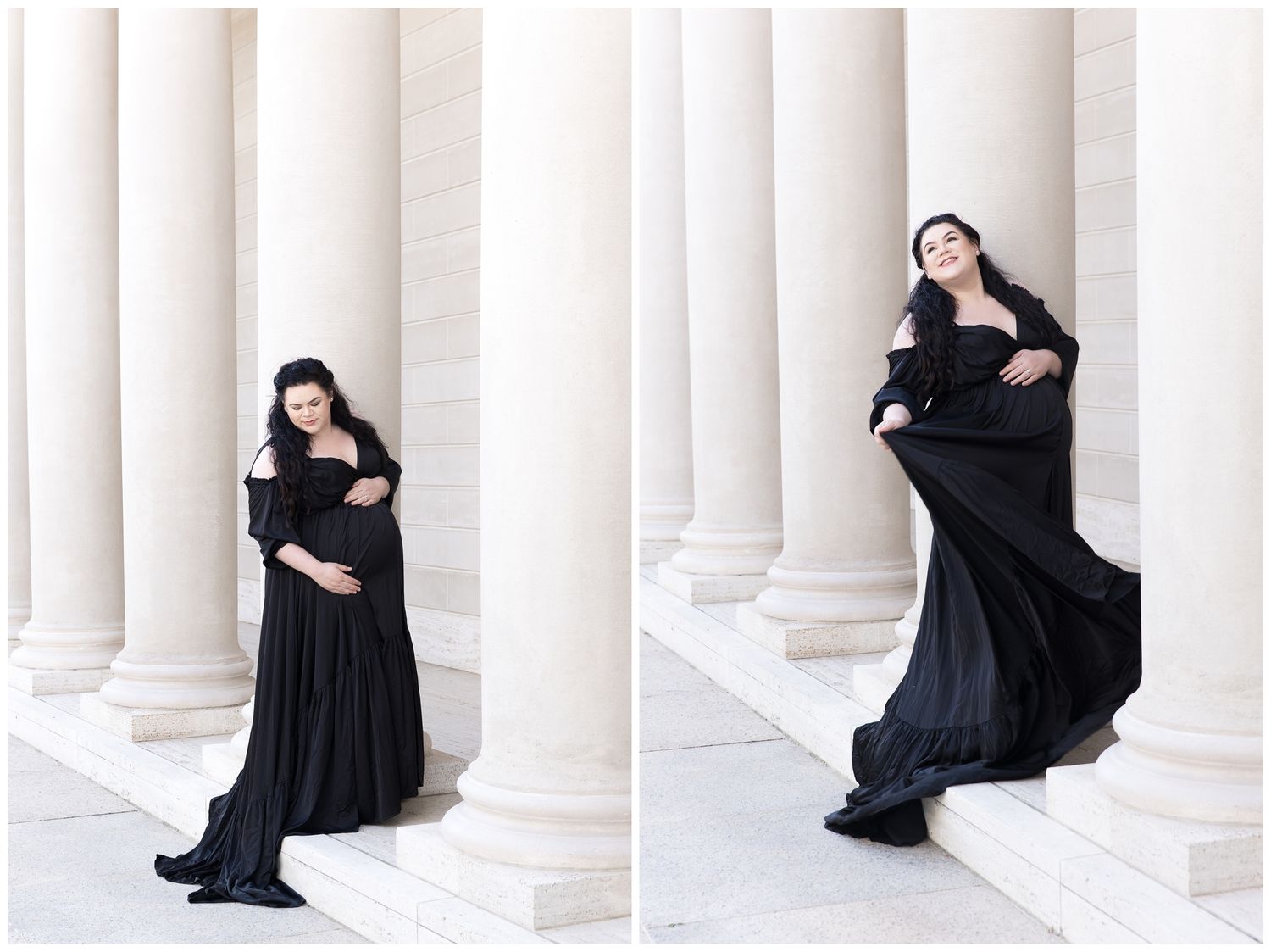 A figure in a flowing black dress poses elegantly against white marble columns in an artistic photoshoot series.