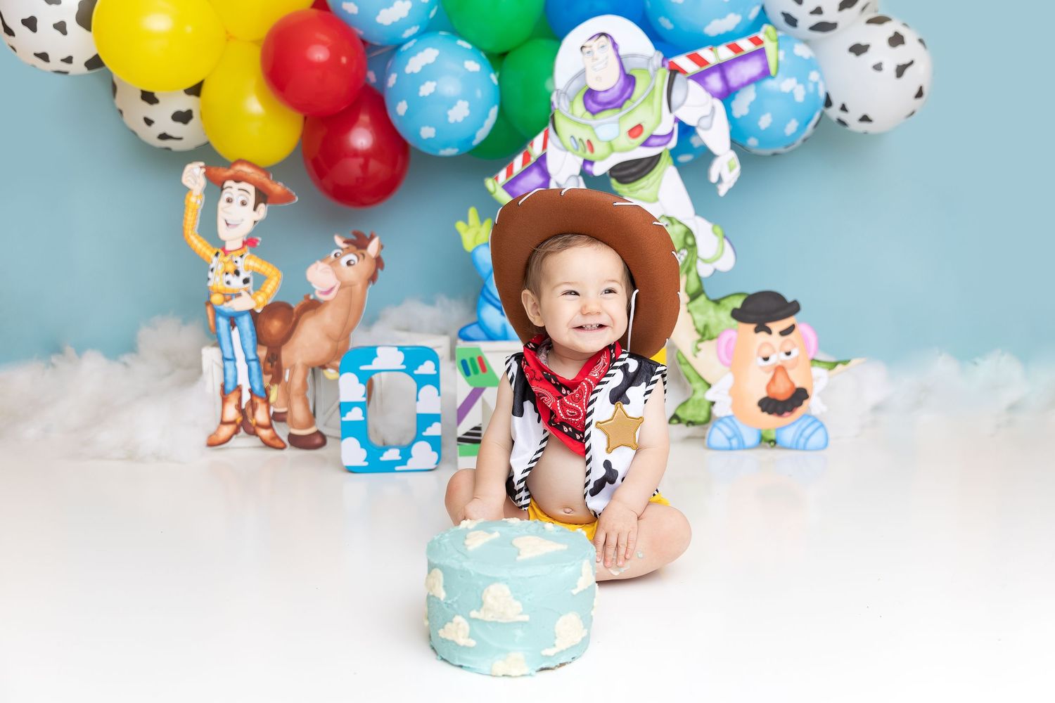 Toy Story themed cake smash photoshoot with cloud-decorated cake and balloon garland.