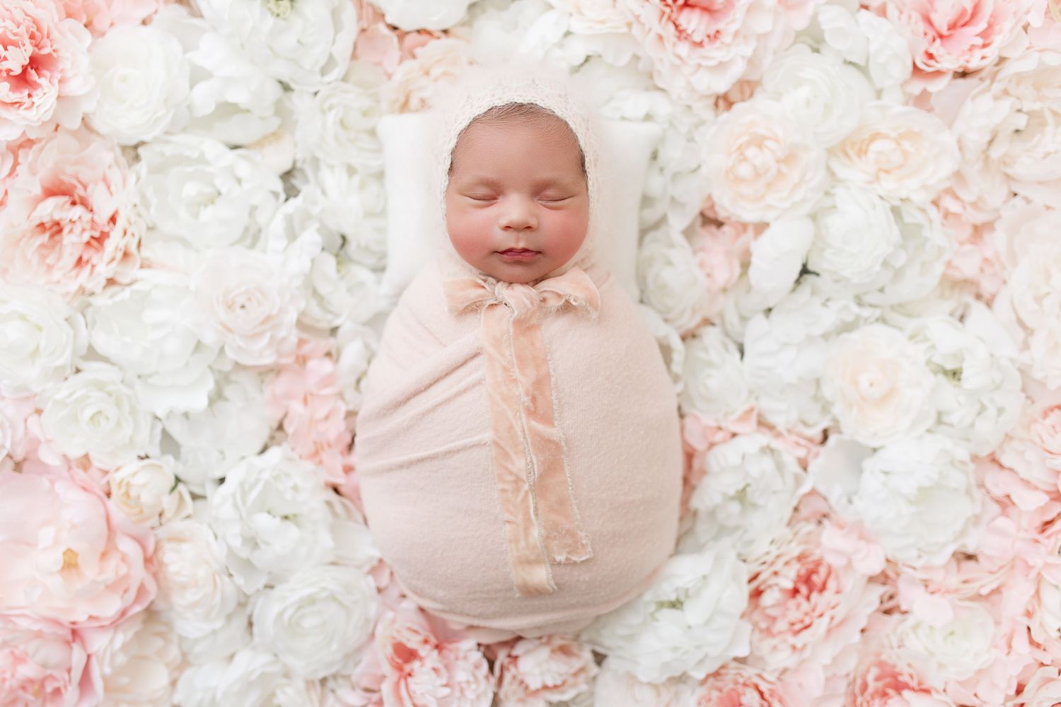Swaddled newborn lying on bed of white and pink roses.