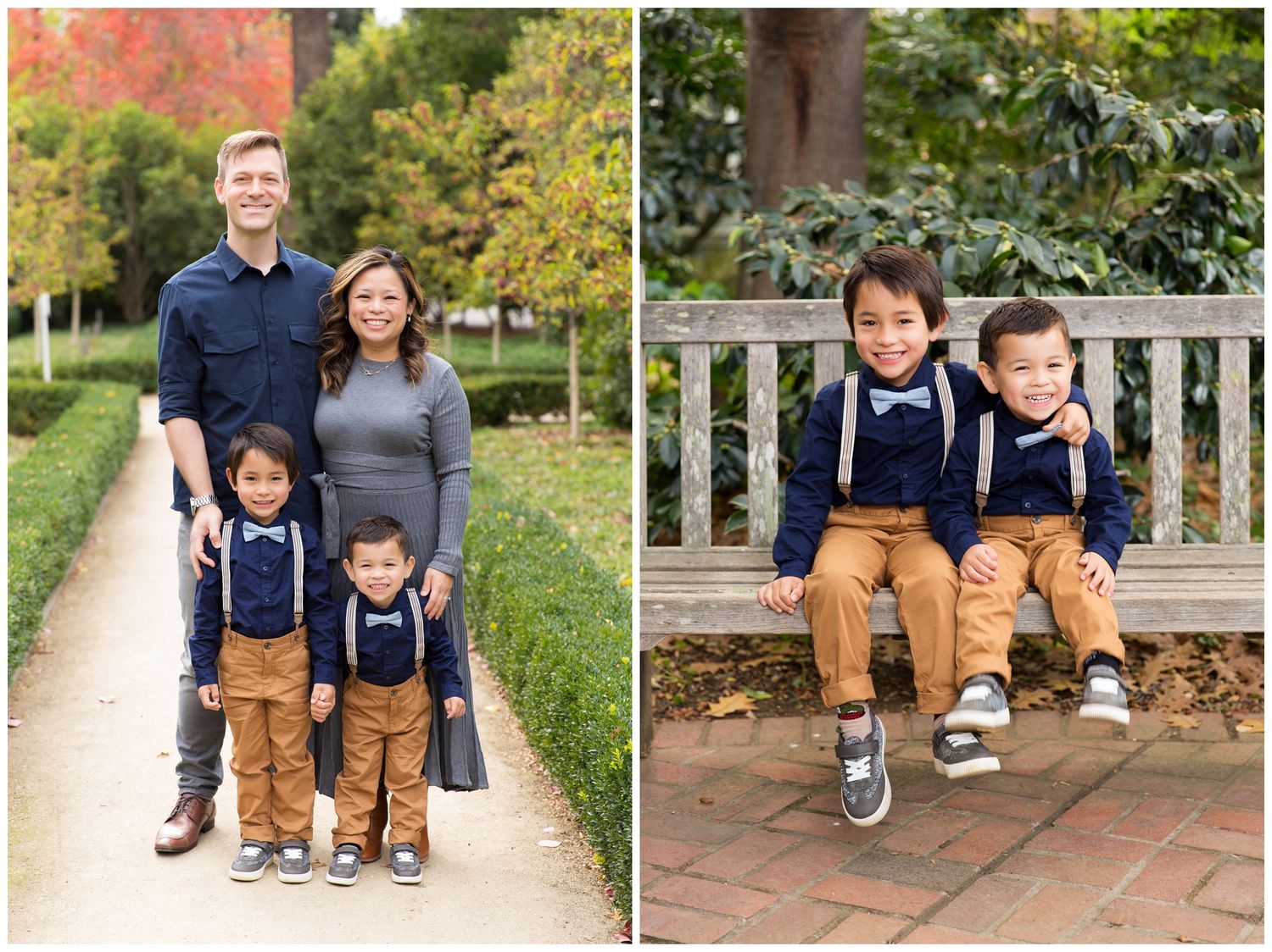 Family members wearing coordinated navy and khaki outfits sit together on wooden benches in an autumn garden setting.
