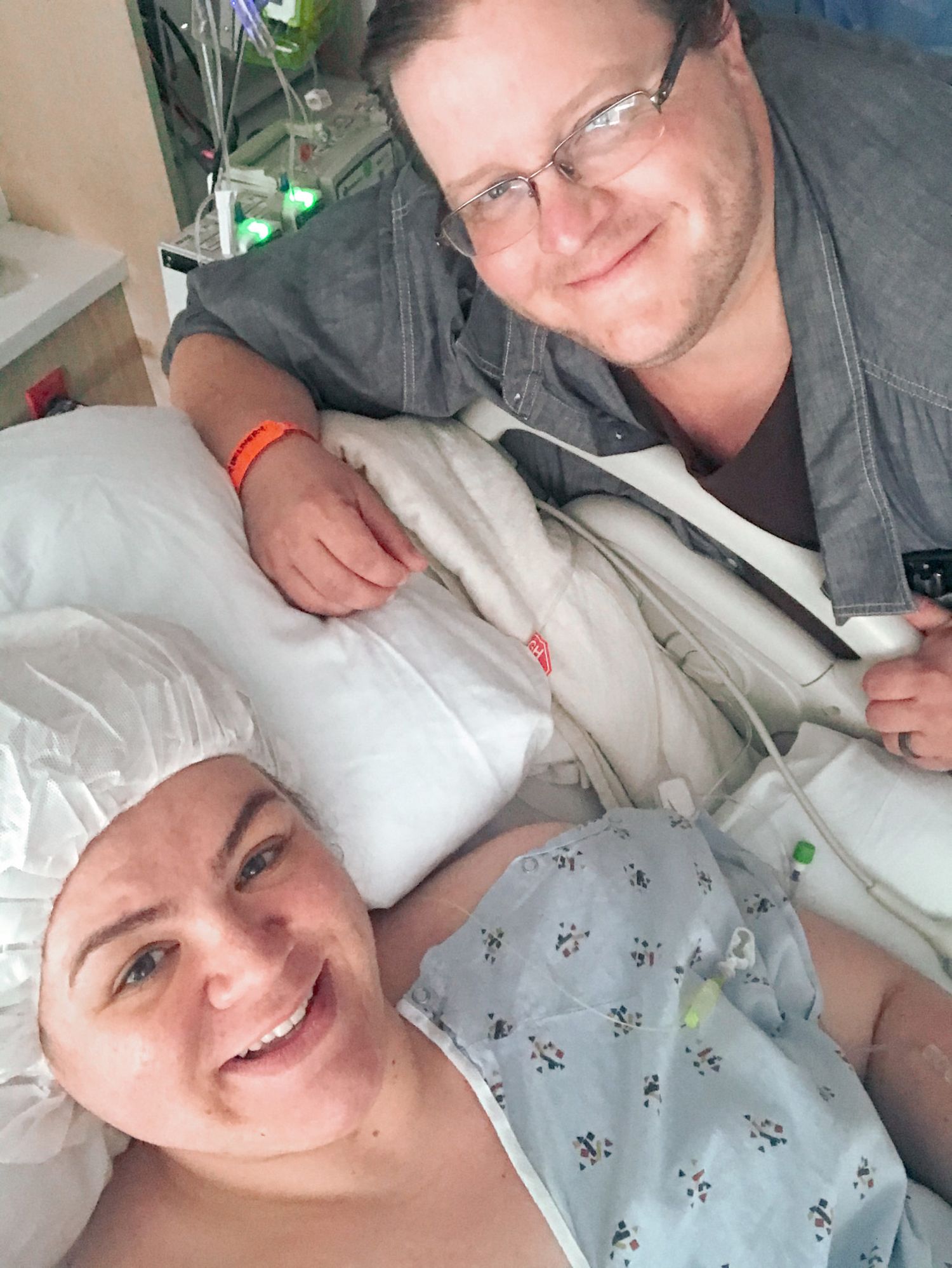 A series of selfie photos showing a couple smiling and cuddling together in bed with white pillows and floral bedding.