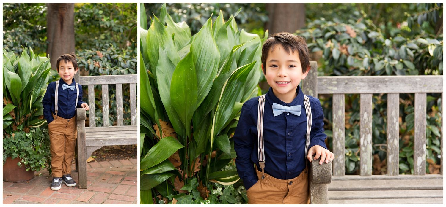 A series of outdoor garden photos showing a child exploring plants and sitting on a white bench in casual attire.