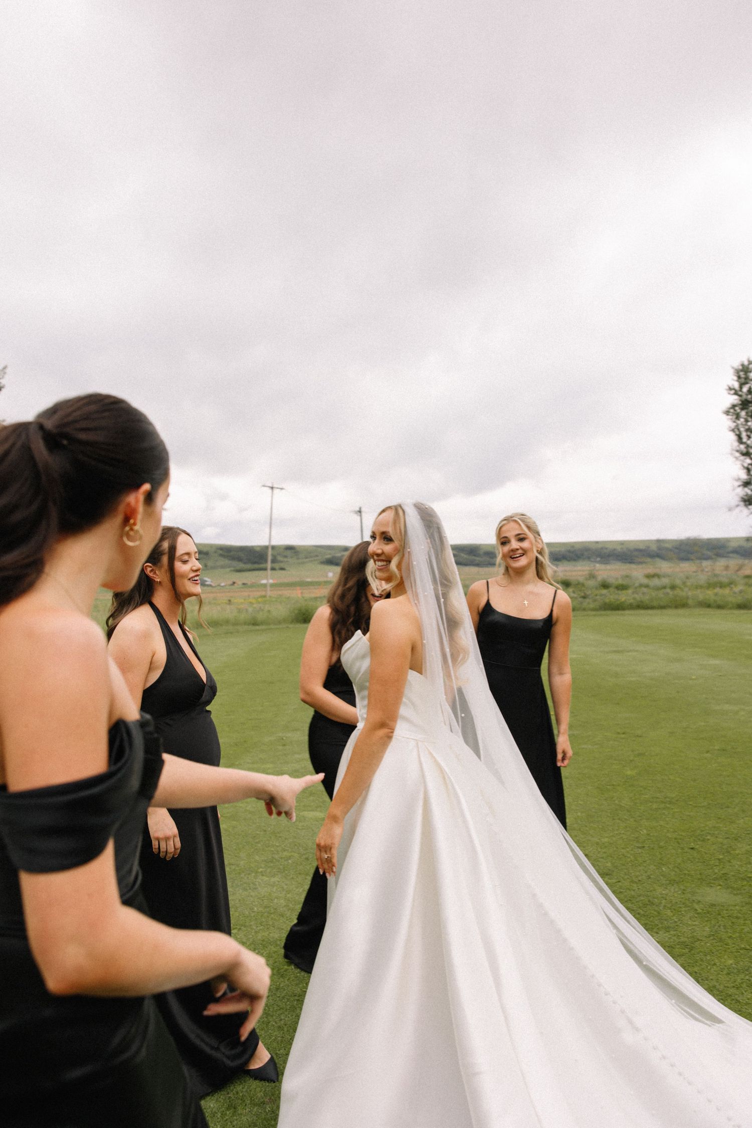 Wedding party helps adjust a flowing white veil on a grassy field under cloudy skies.
