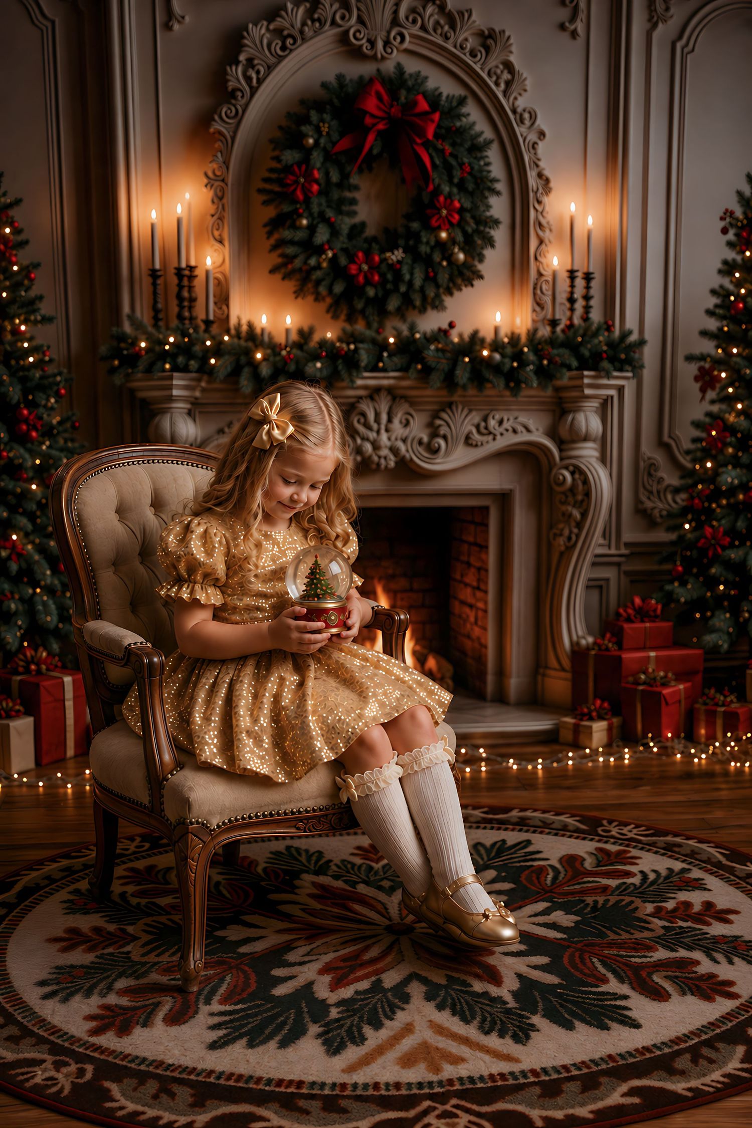 A young girl in a gold dress holds a snow globe by a decorated fireplace with Christmas trees and candles.
