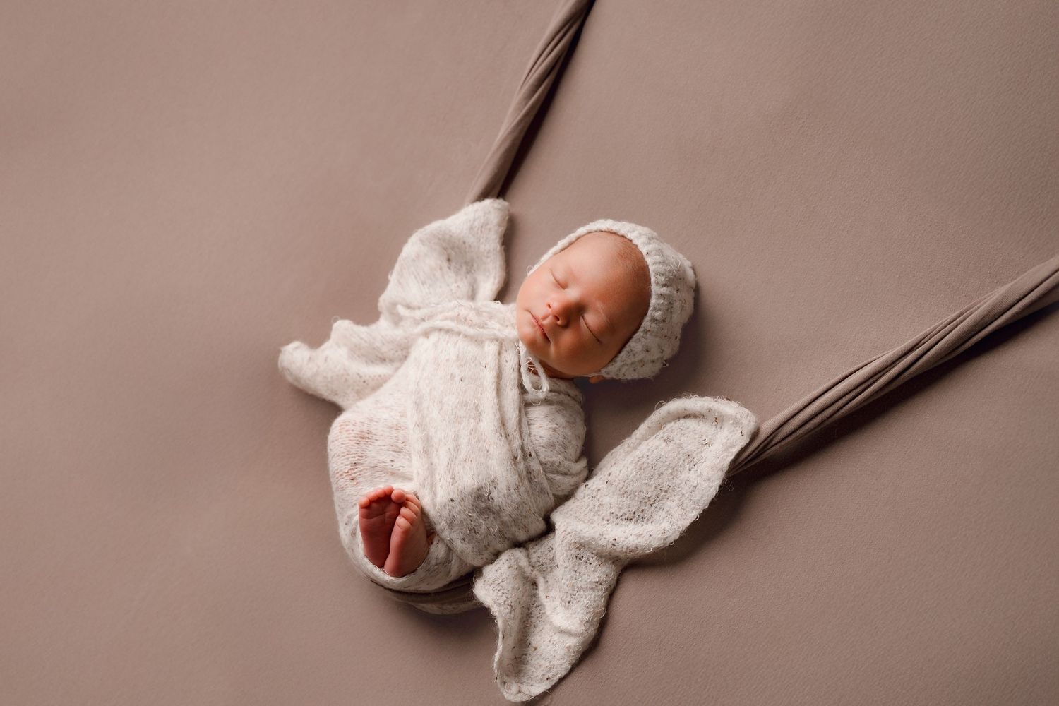 Serene sleeping newborn in gray knit outfit and bonnet lying on a taupe background with decorative reeds.