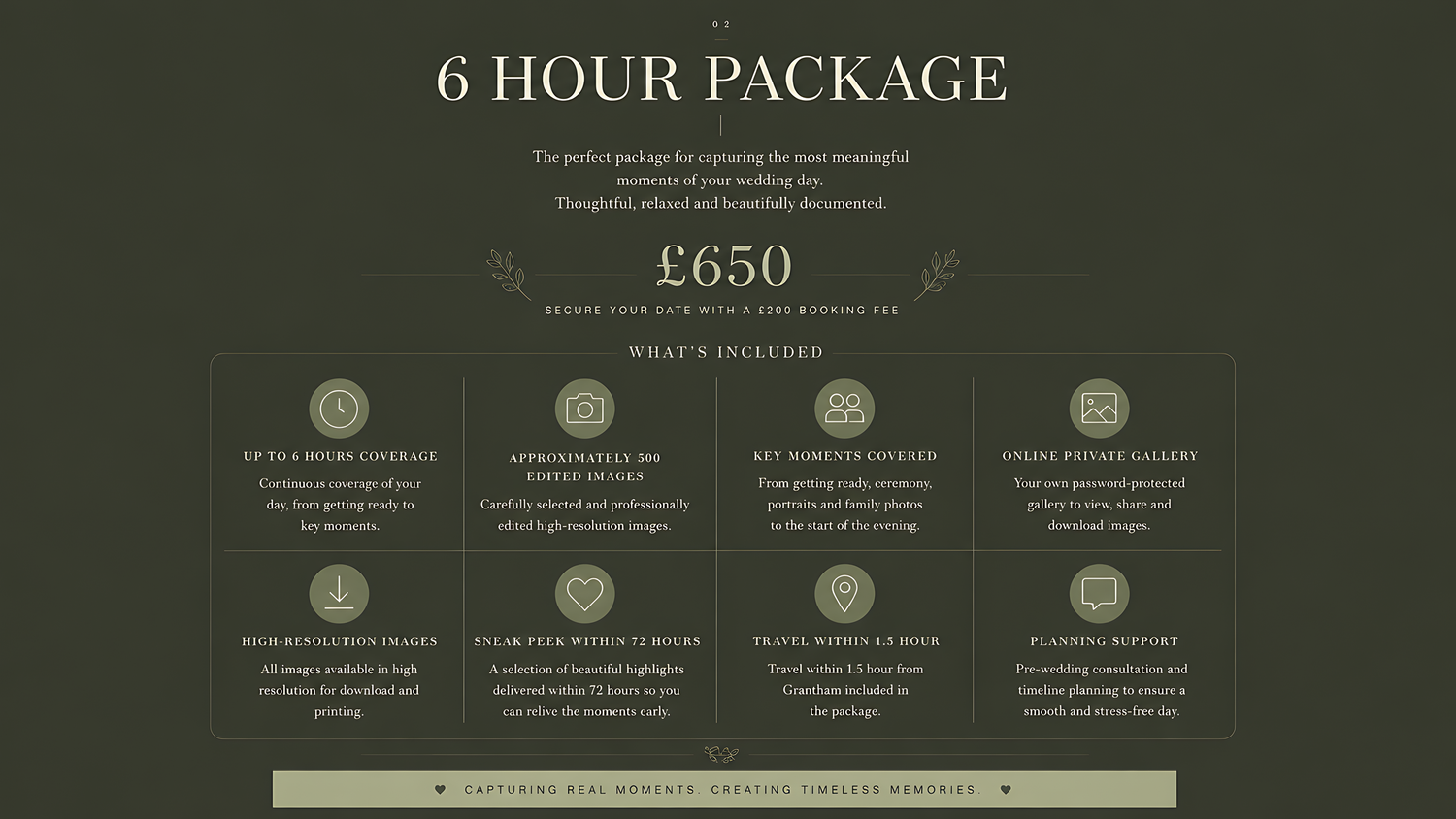 Dark green 6 Hour Wedding Photography Package priced at £650, detailing inclusions and services offered.