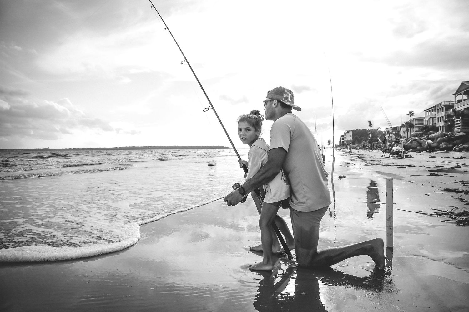 A scenic collage of surf fishing activities at the beach with anglers casting lines into the ocean at sunset.