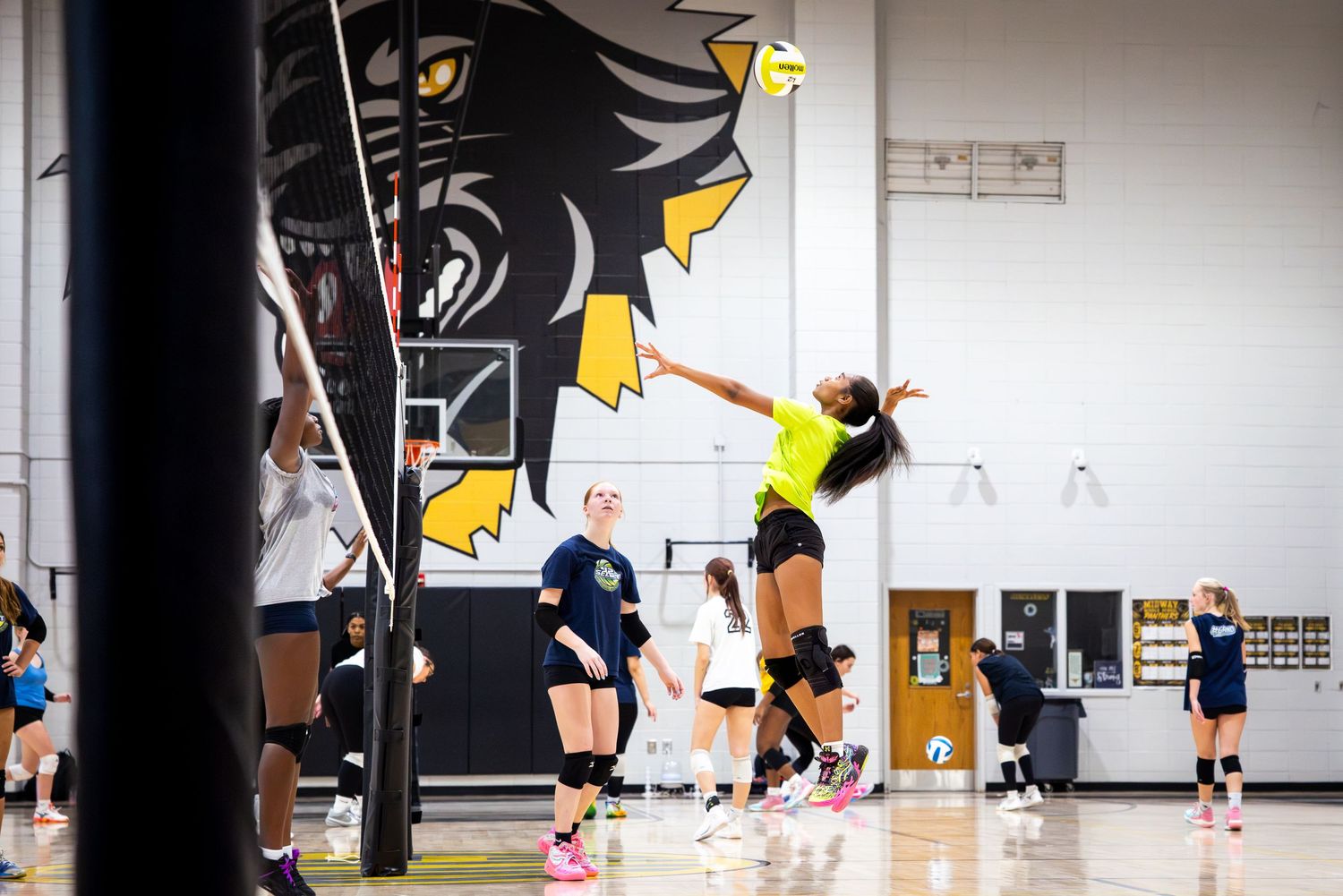 Volleyball player in yellow jersey leaping to spike ball near the net during indoor practice with panther mascot mural.