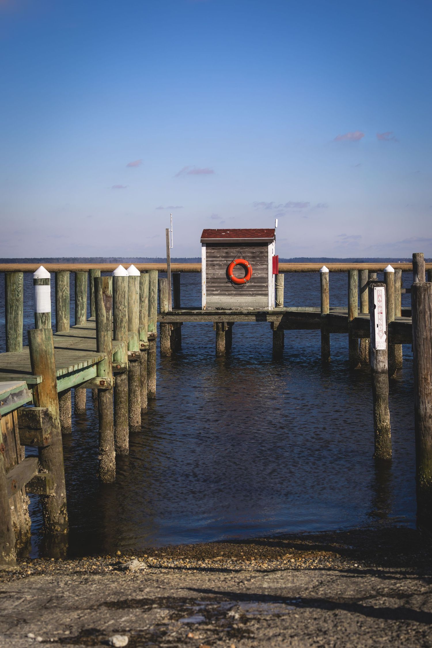 Wooden dock pilings stand in calm blue water against a clear sky, creating a serene coastal scene.
