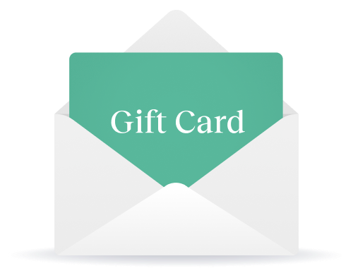 Four white gift cards with mint green accents arranged in a diagonal pattern on a light background.