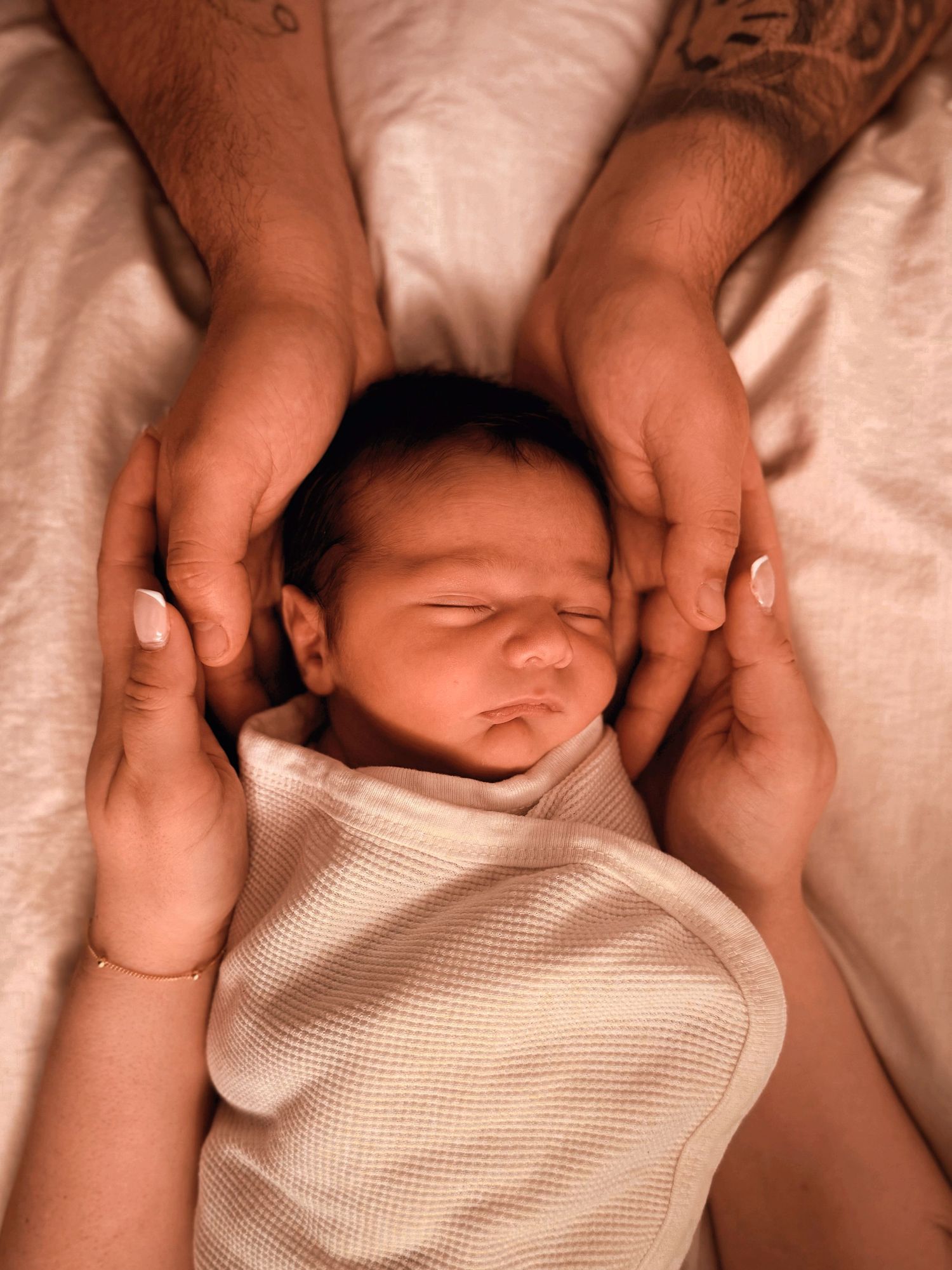 Close-up of a newborn baby resting in a parent's hands during an in-home newborn photography session in Colorado Springs.