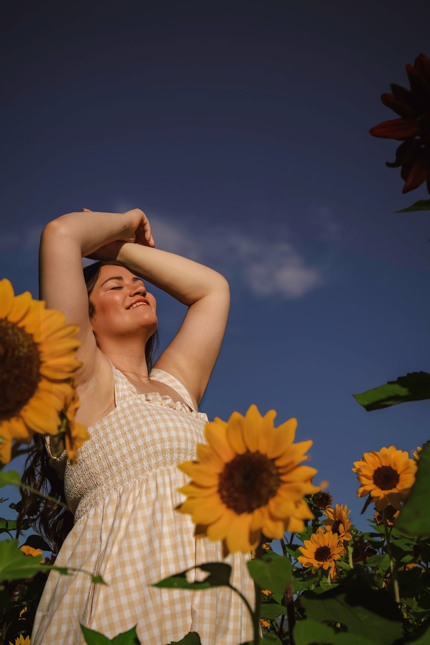 Smiling woman in checkered sundress posing among sunflowers in a field under a clear blue sky.