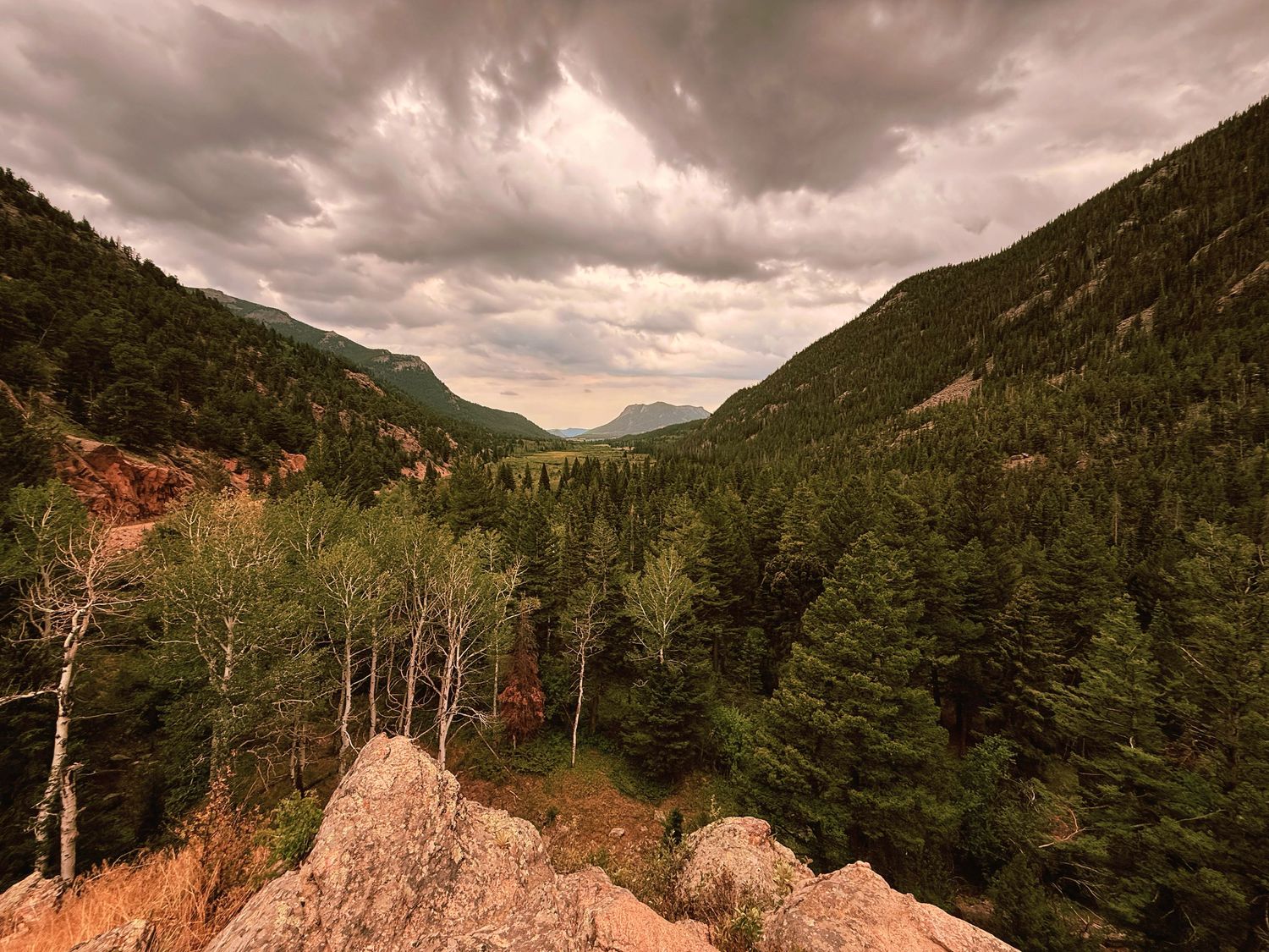 A Mountain valley with dense evergreen forests, rocky outcroppings, and stormy clouds over distant peaks in Rocky Mountain National Park.