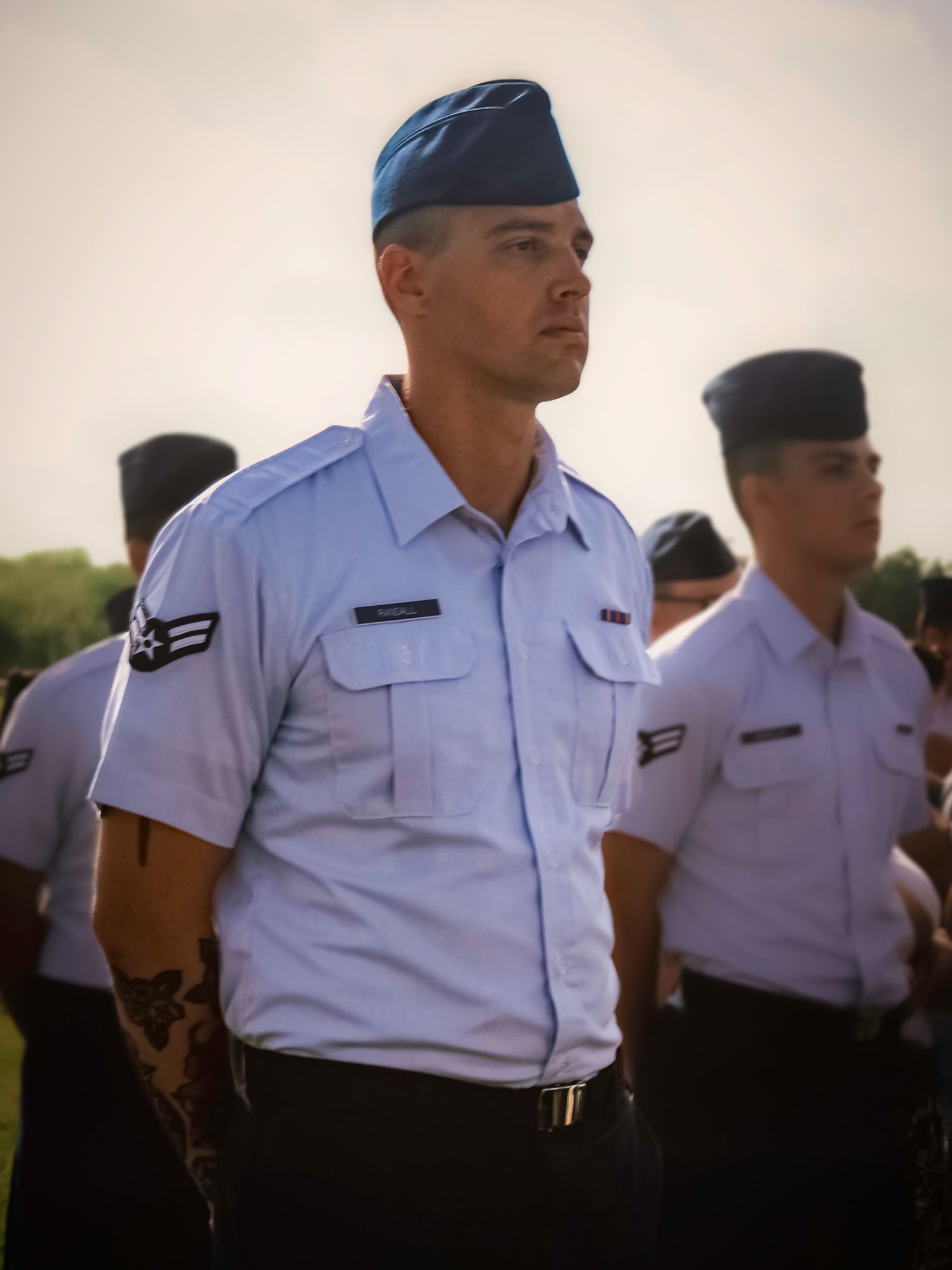 Airman standing in formation during a U.S. Air Force graduation ceremony in Colorado Springs, Colorado.