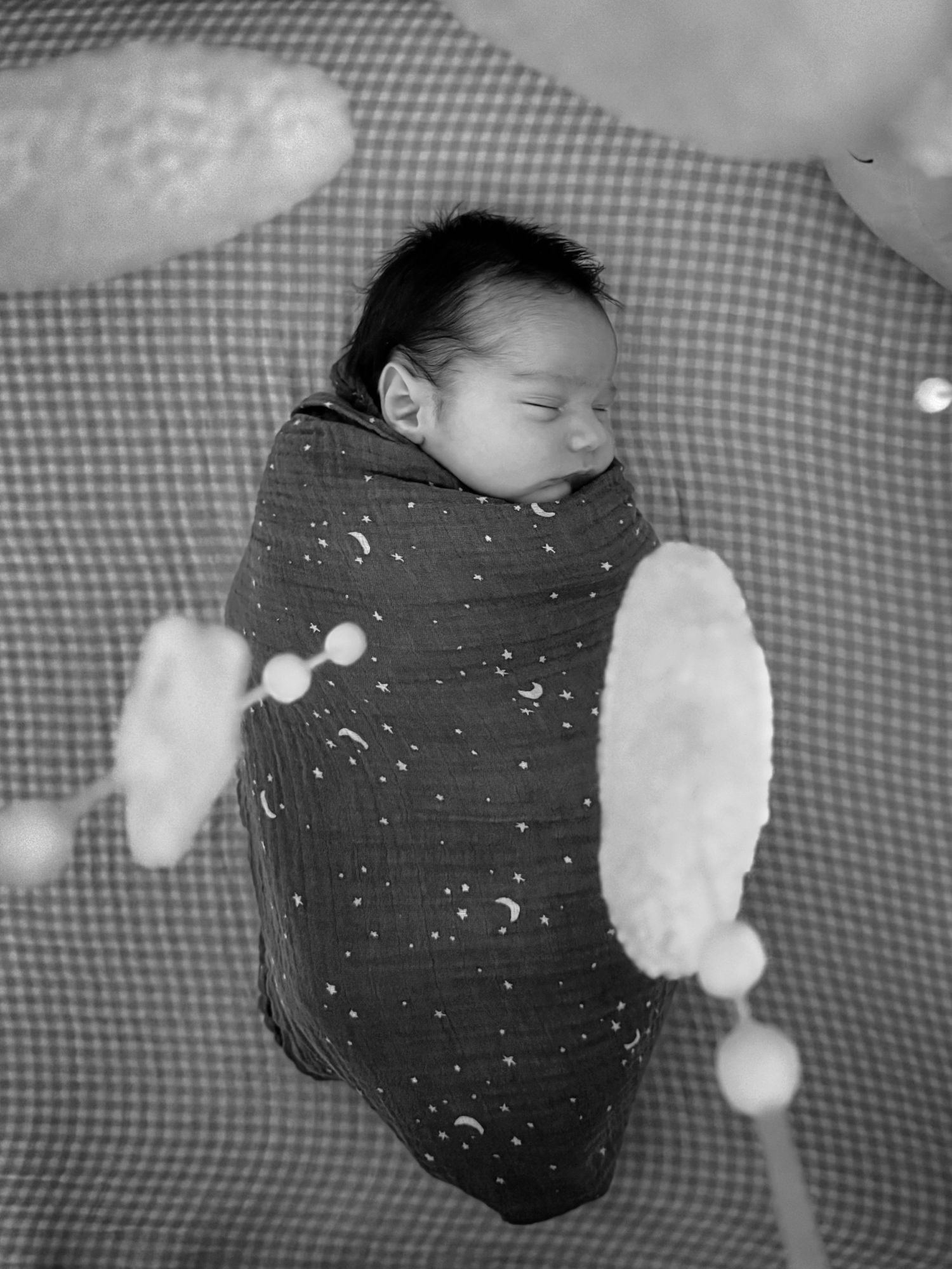 Black and white portrait of a newborn baby resting peacefully during an at-home newborn photography session.