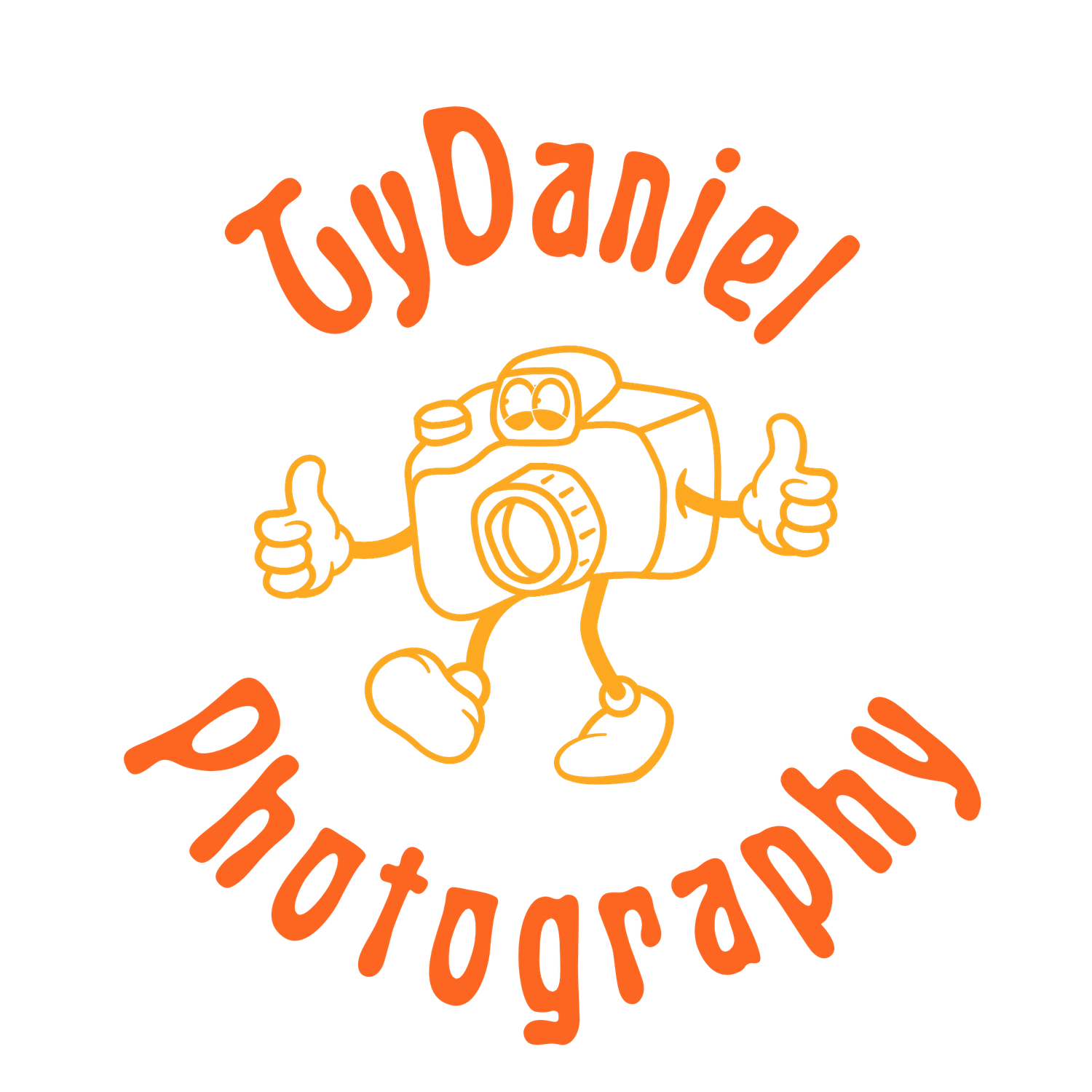 TyDaniel Photography logo featuring an orange cartoon camera character with thumbs up and curved text.