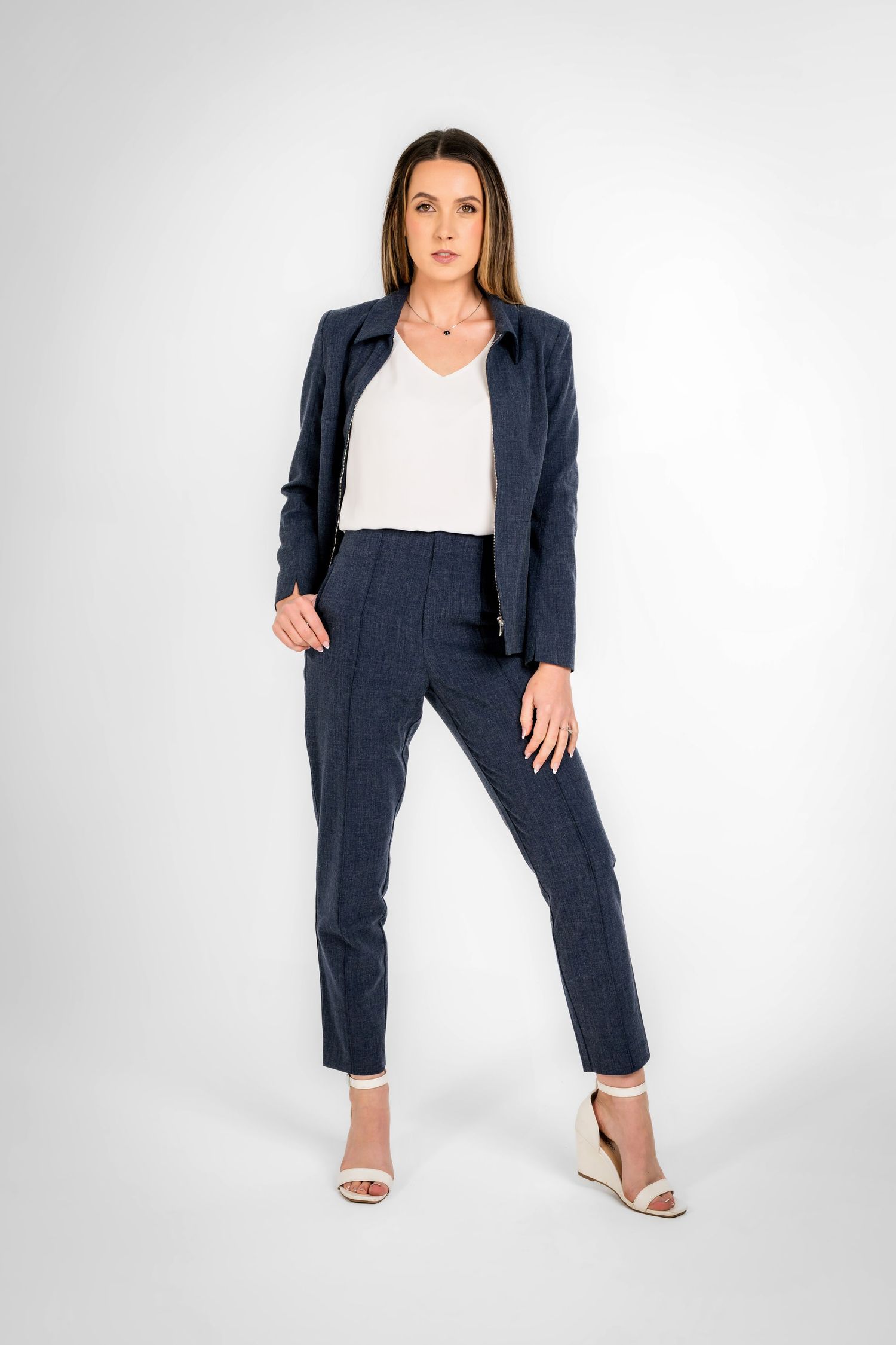 Professional navy blazer and pants set with white top and sandals shown in multiple angles against white background.