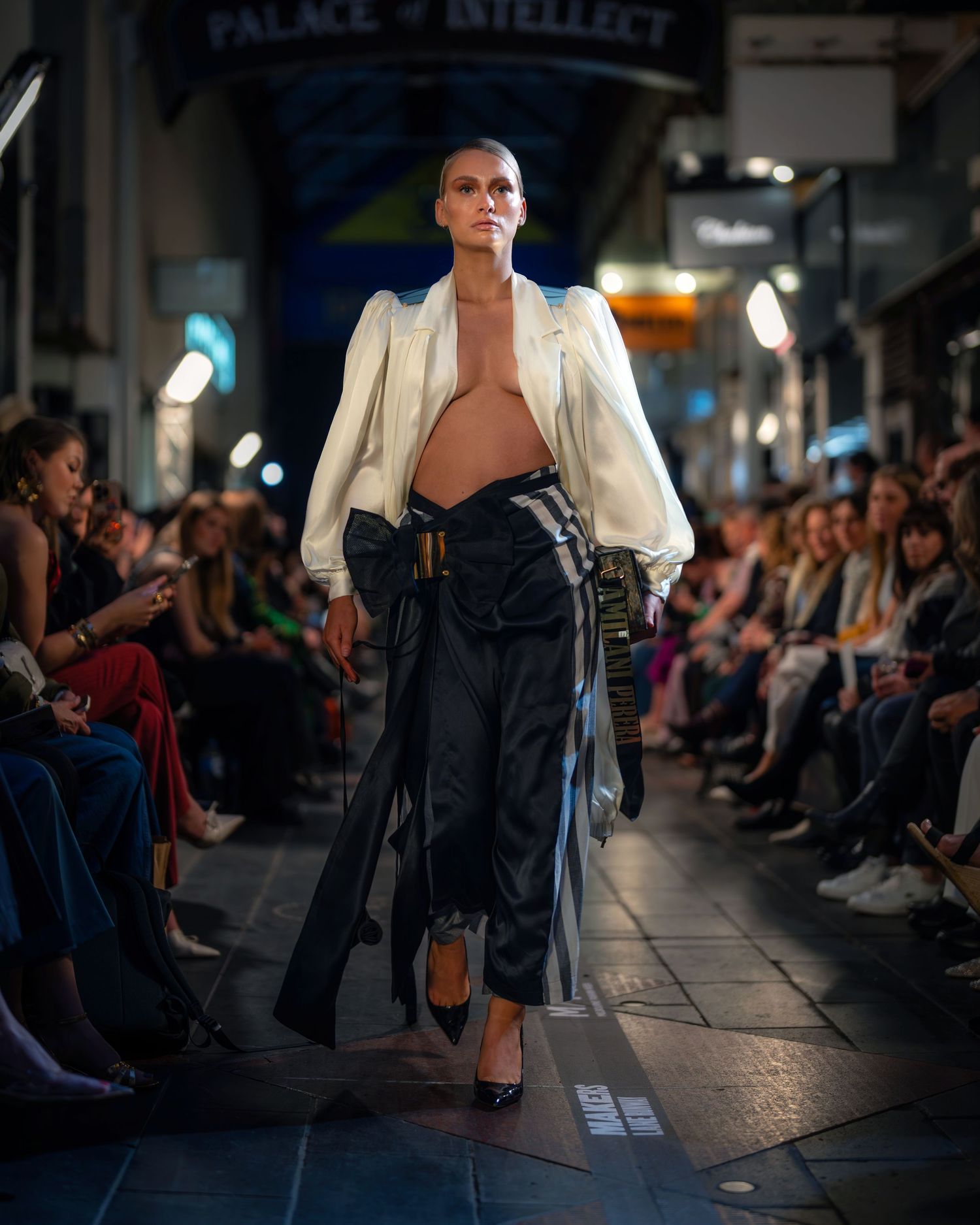 Model walks the runway at Melbourne Makers show at Melbourne Fashion Festival 2025.