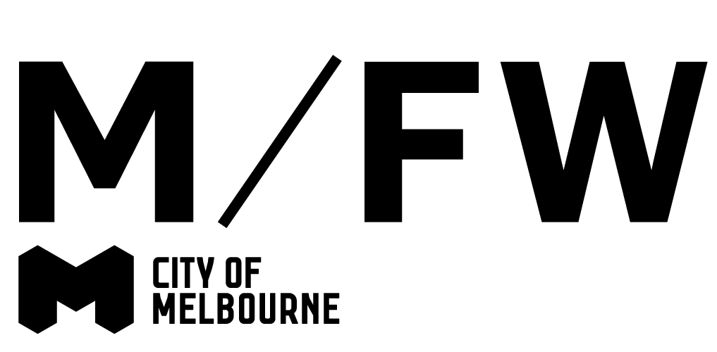 Black and white Melbourne Fashion Week logo with City of Melbourne branding below.