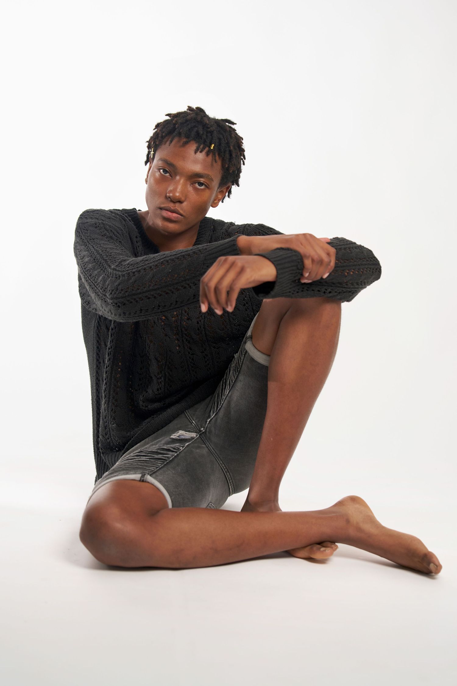 A series of artistic black and white studio portraits showing relaxed poses against a white background.