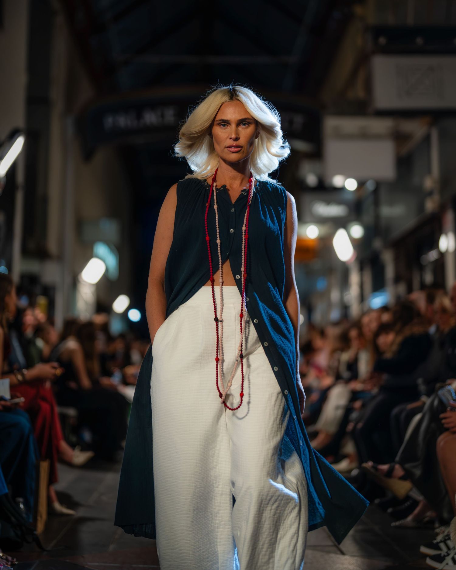 Model walks the runway at Melbourne Makers show at Melbourne Fashion Festival 2025.