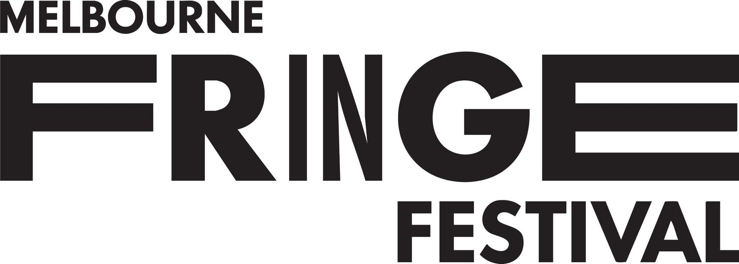Black and white logo design for Melbourne Fringe Festival with bold text and geometric shapes.