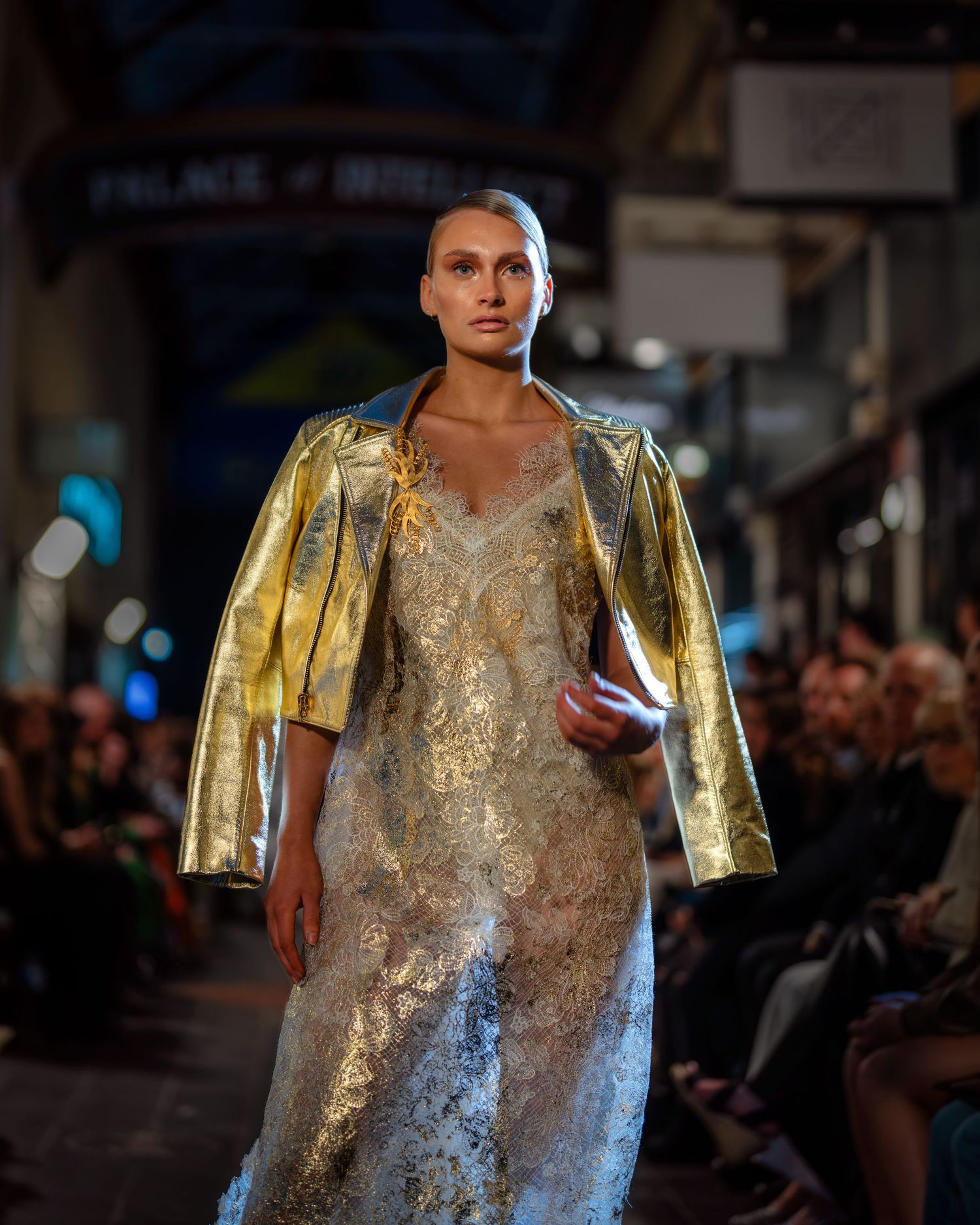 Model walks the runway at Melbourne Makers show at Melbourne Fashion Festival 2025.