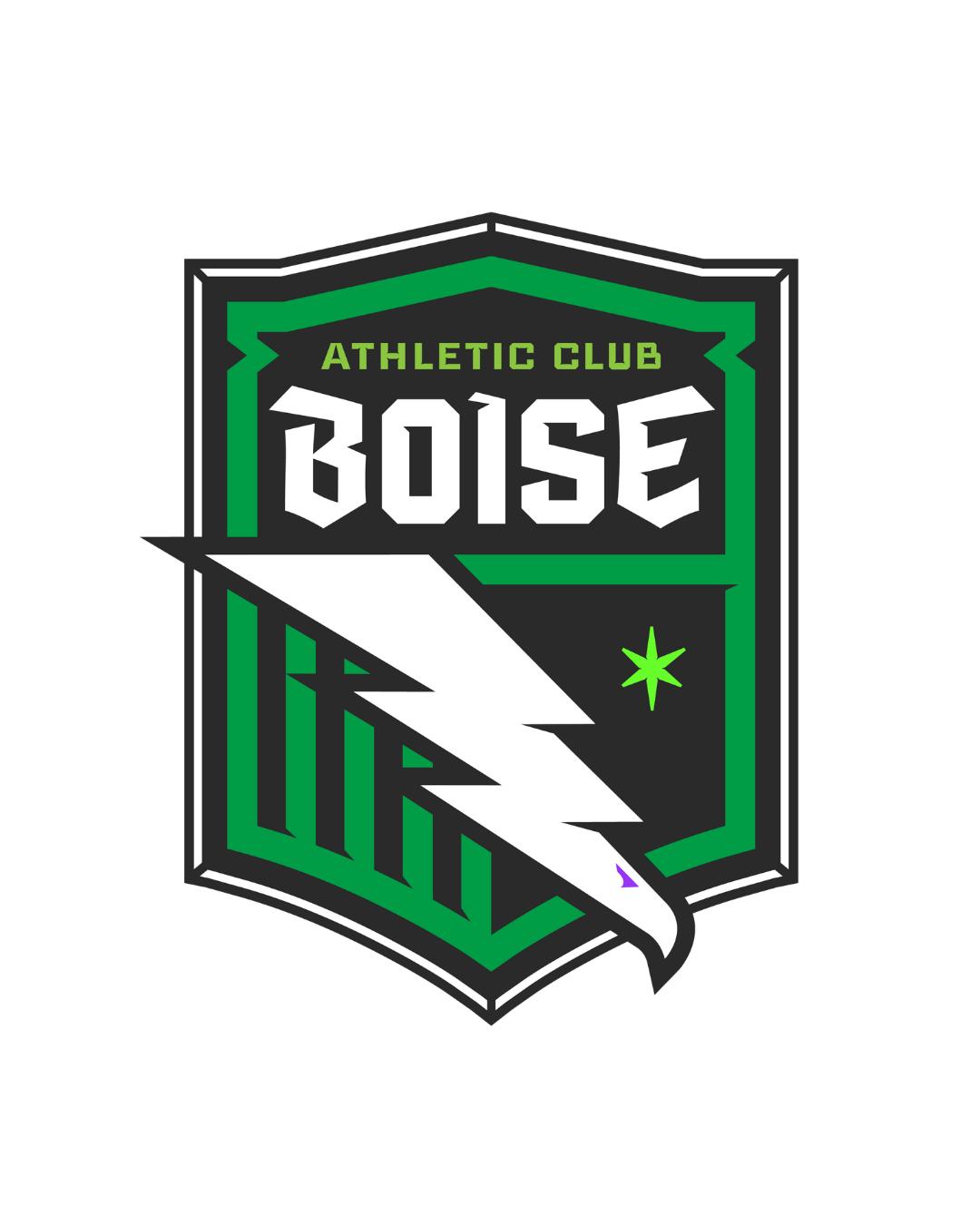 Athletic Club Boise soccer crest logo featuring a green shield, lightning bolt, eagle, and star emblem.